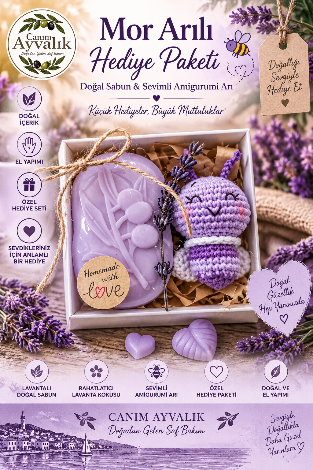 El yapımı doğal sabun ve lif içeren hediyelik duş seti – Canım Ayvalık