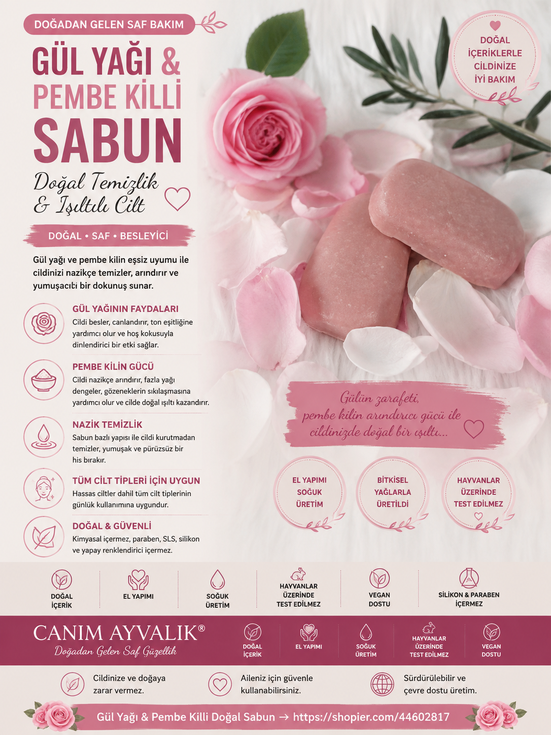 gül yağı ,suyu ve pembe kil içeren el yapımı doğal saç sabunu – Canım Ayvalık