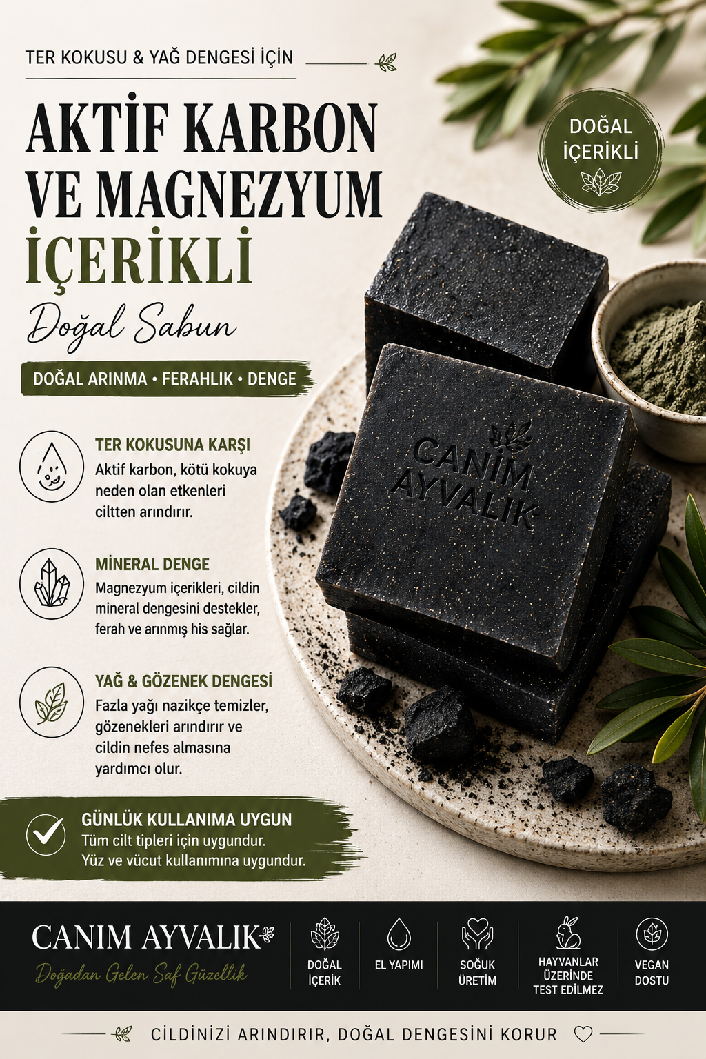 Aktif karbon, kil ve magnezyum içeren el yapımı doğal sabun – Canım Ayvalık