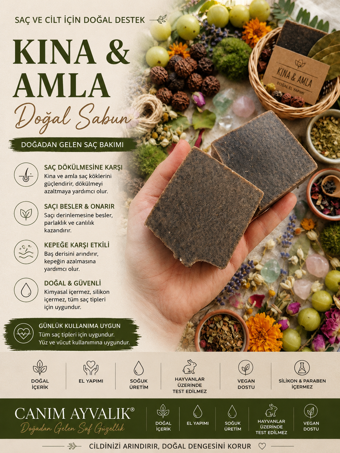 Kına ve amla içeren el yapımı doğal saç sabunu – Canım Ayvalık