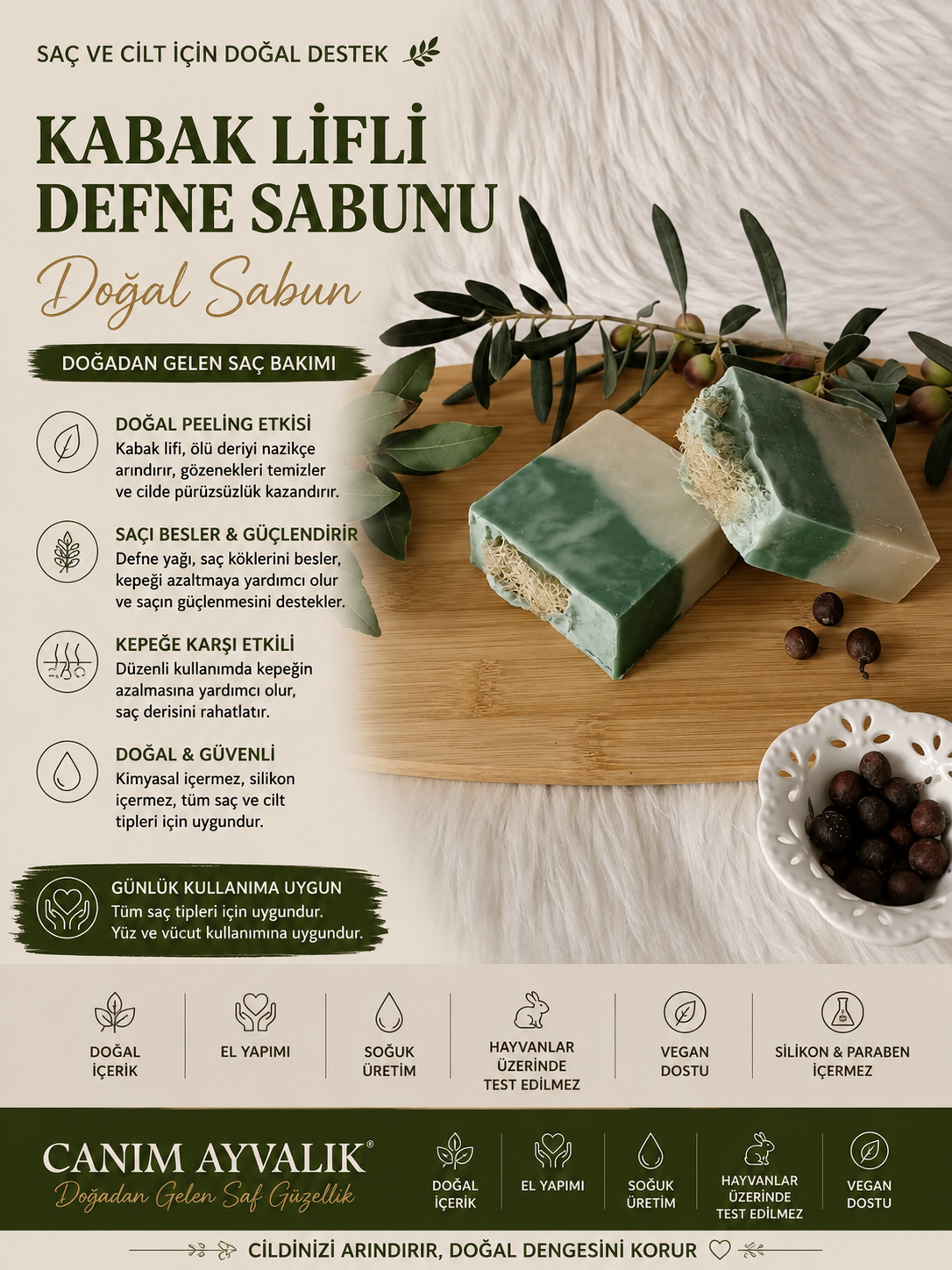 defne yağı ve kabajk lifi içeren el yapımı doğal saç sabunu – Canım Ayvalık
