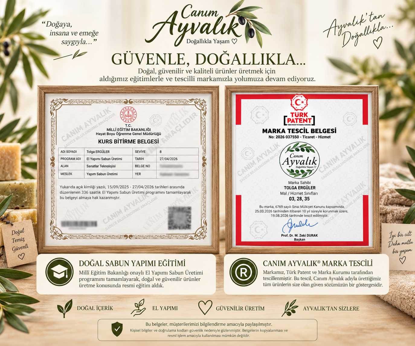 Canım Ayvalık doğal sabun yapımı eğitim sertifikası ve marka tescil belgesi