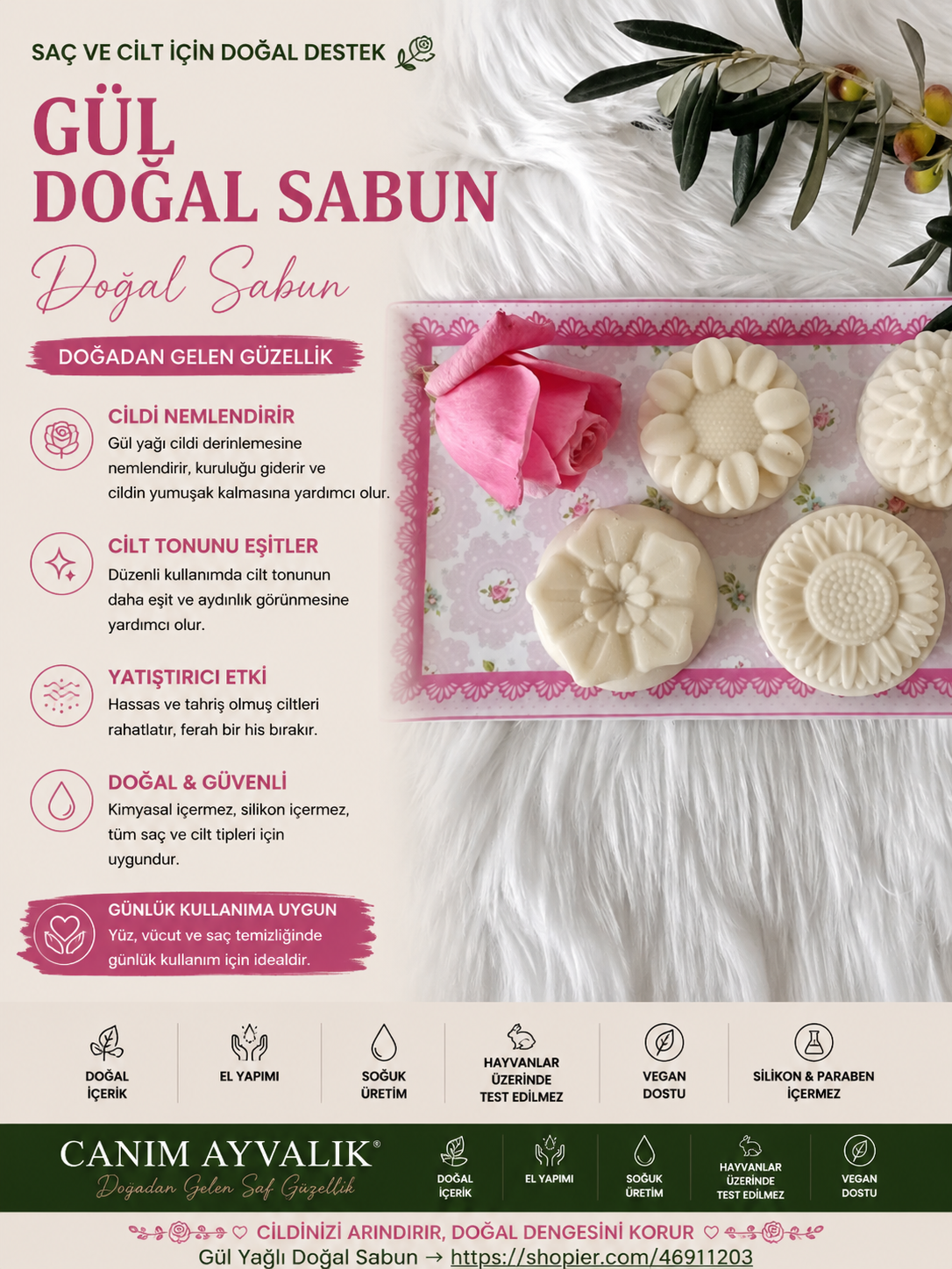 gül yağı içeren el yapımı doğal saç sabunu – Canım Ayvalık