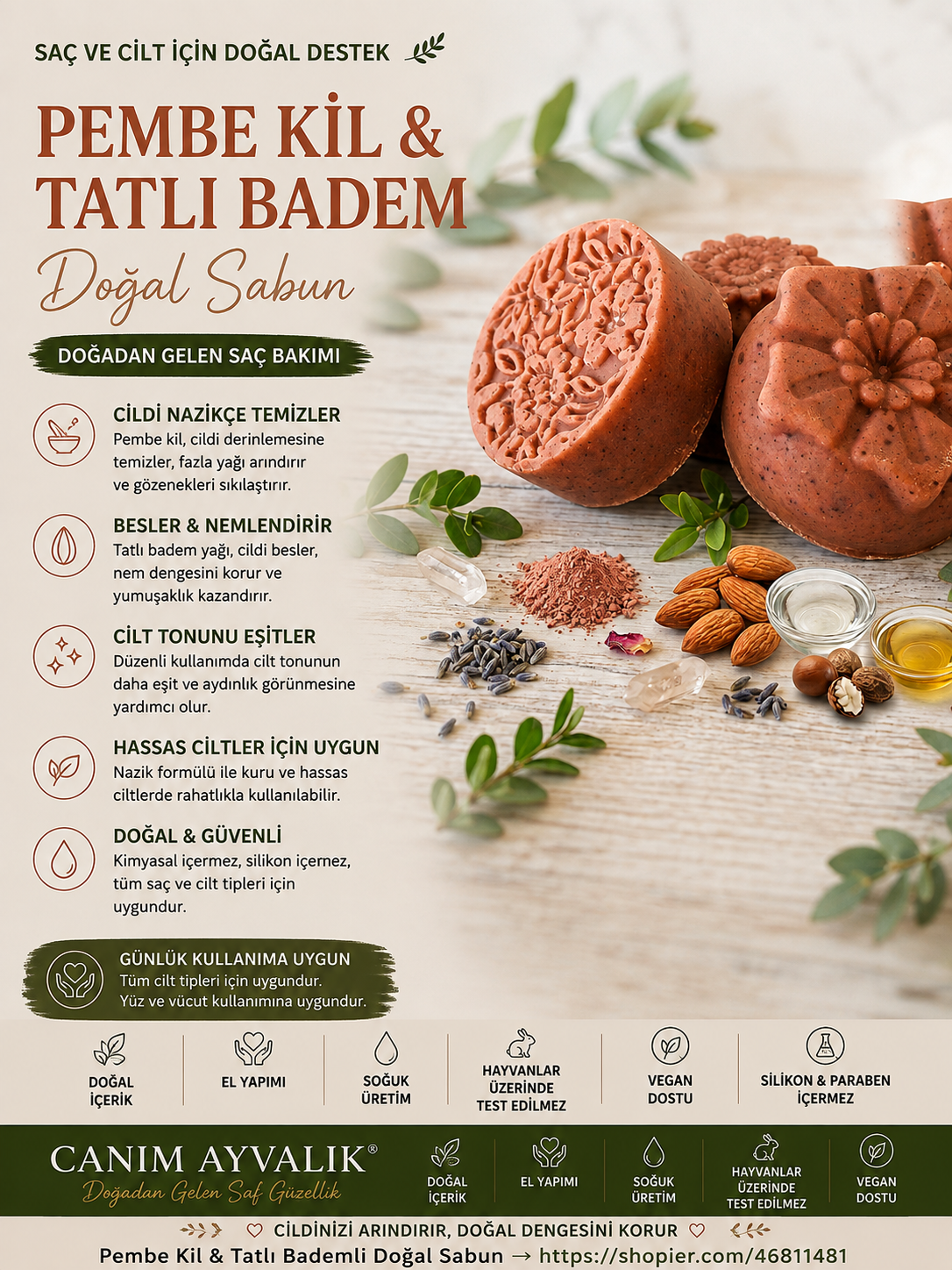 pembe kil tatlı badem yağı  içeren el yapımı doğal saç sabunu – Canım Ayvalık