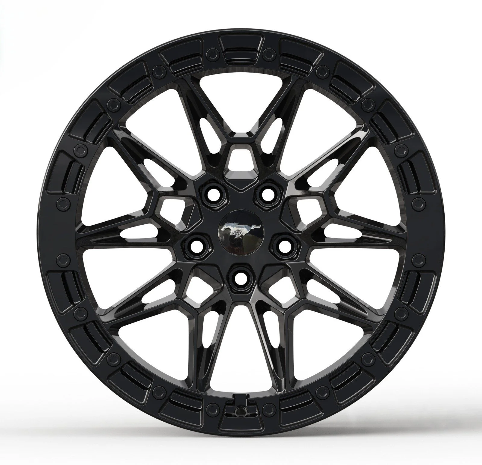 Black alloy wheel with intricate geometric spoke design, centered on a reflective hub cap, isolated on white background.