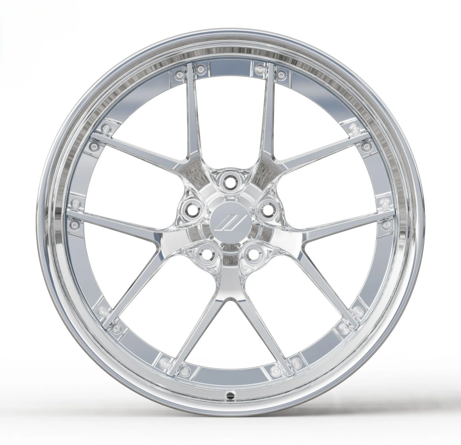 A shiny, silver alloy car wheel rim with a multi-spoke design on a white background.