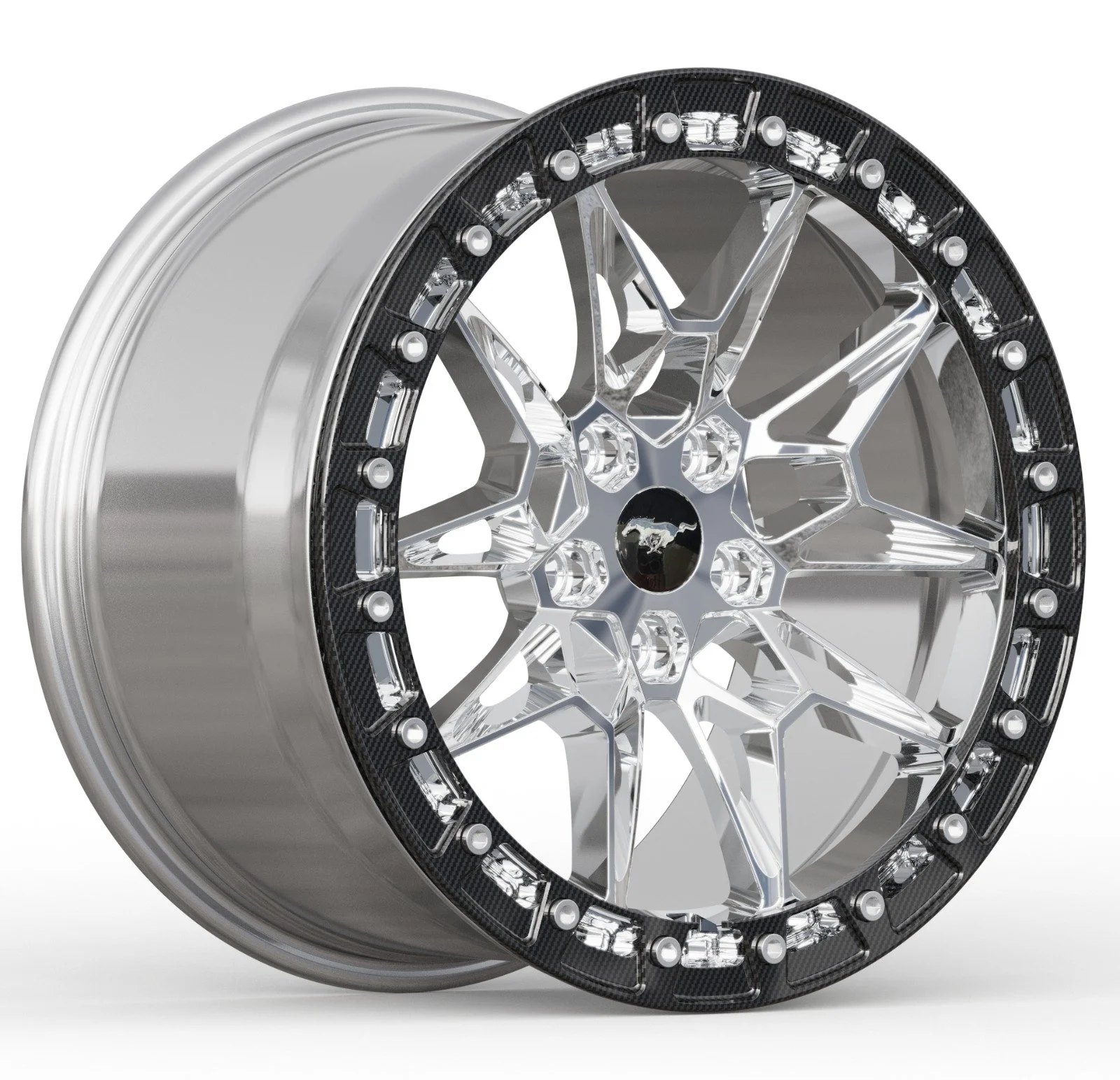 A shiny alloy wheel rim with a multi-spoke design and a black rim edge decorated with small LEDs or accents.