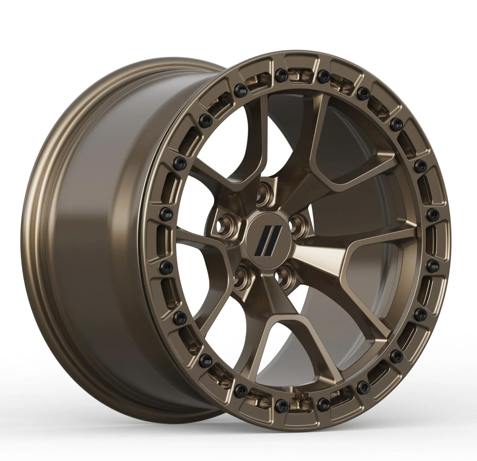 A bronze-colored, high-performance alloy wheel with a multi-spoke design and black bolts around the rim, isolated on a white background.