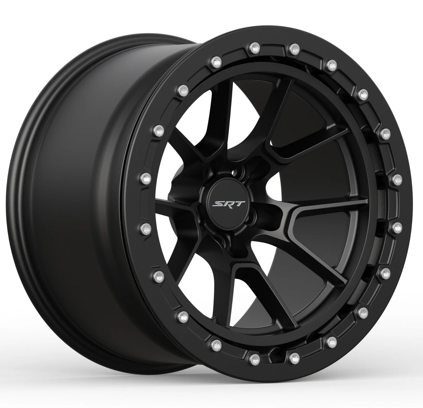 Black car wheel with a multi-spoke design and bolted rim, featuring the SRT emblem in the center.