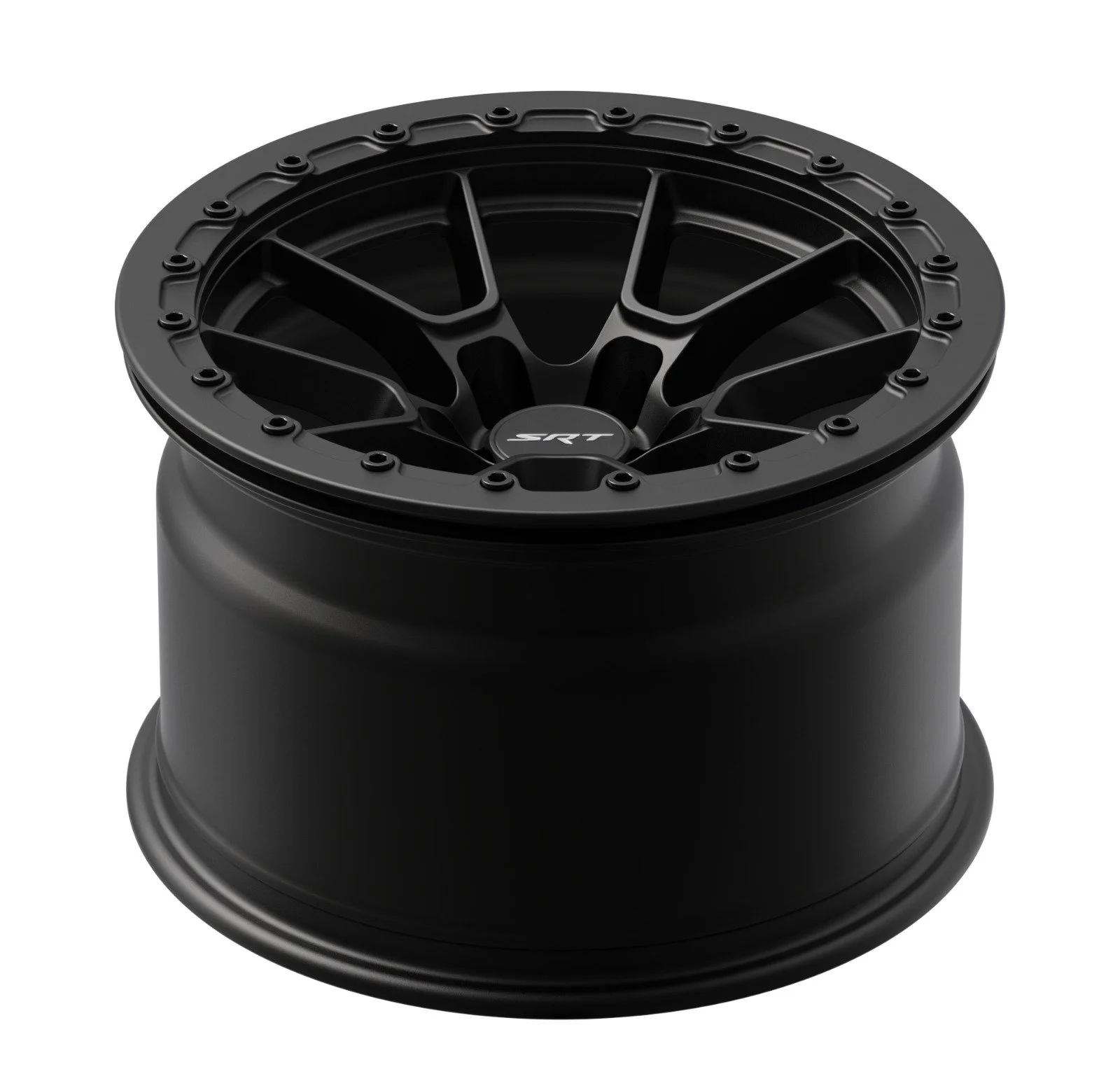 Black alloy car wheel rim with a multi-spoke design and an 'SRT' center cap, mounted on a black display stand.