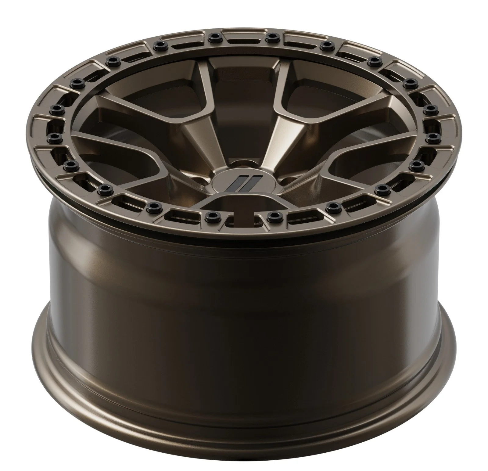 A metallic, multi-spoke car wheel rim with black bolts around the edge, viewed from above.