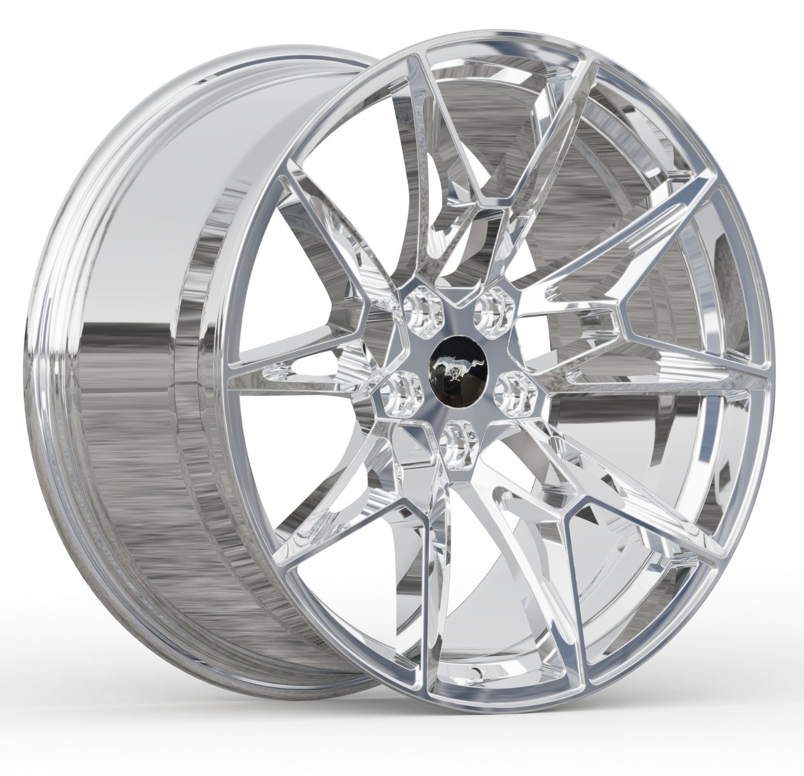 A set of shiny, metallic, custom-designed alloy wheels for a car.