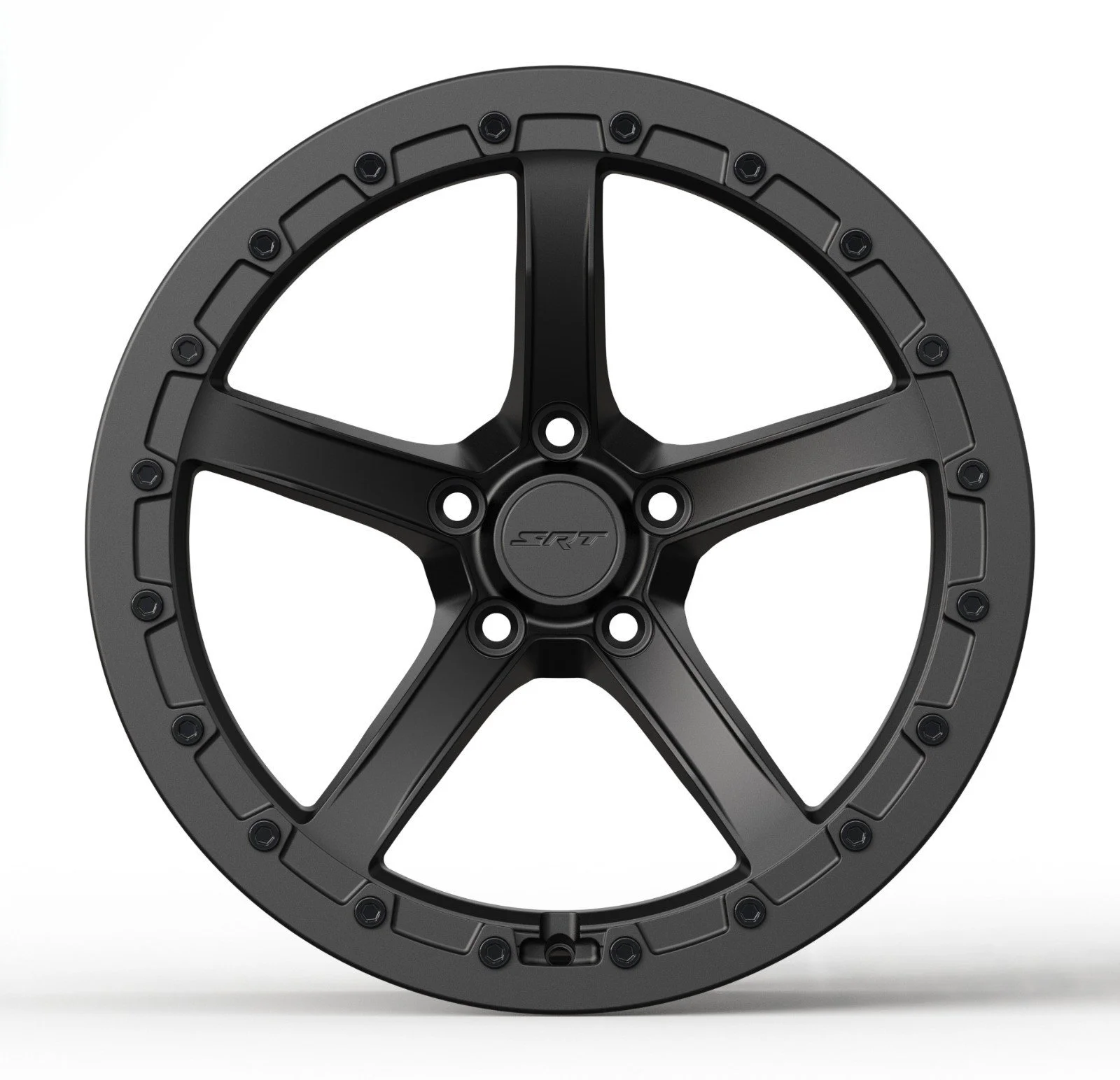 A black, five-spoked wheel rim with the SRT logo in the center, set against a plain white background.