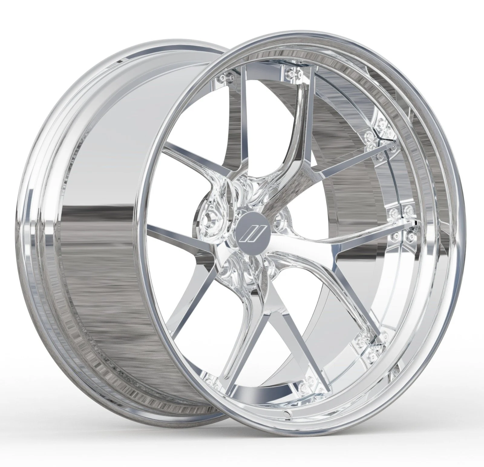 A set of four shiny, chrome-finished car wheels with a modern, five-spoke design, displayed against a white background.