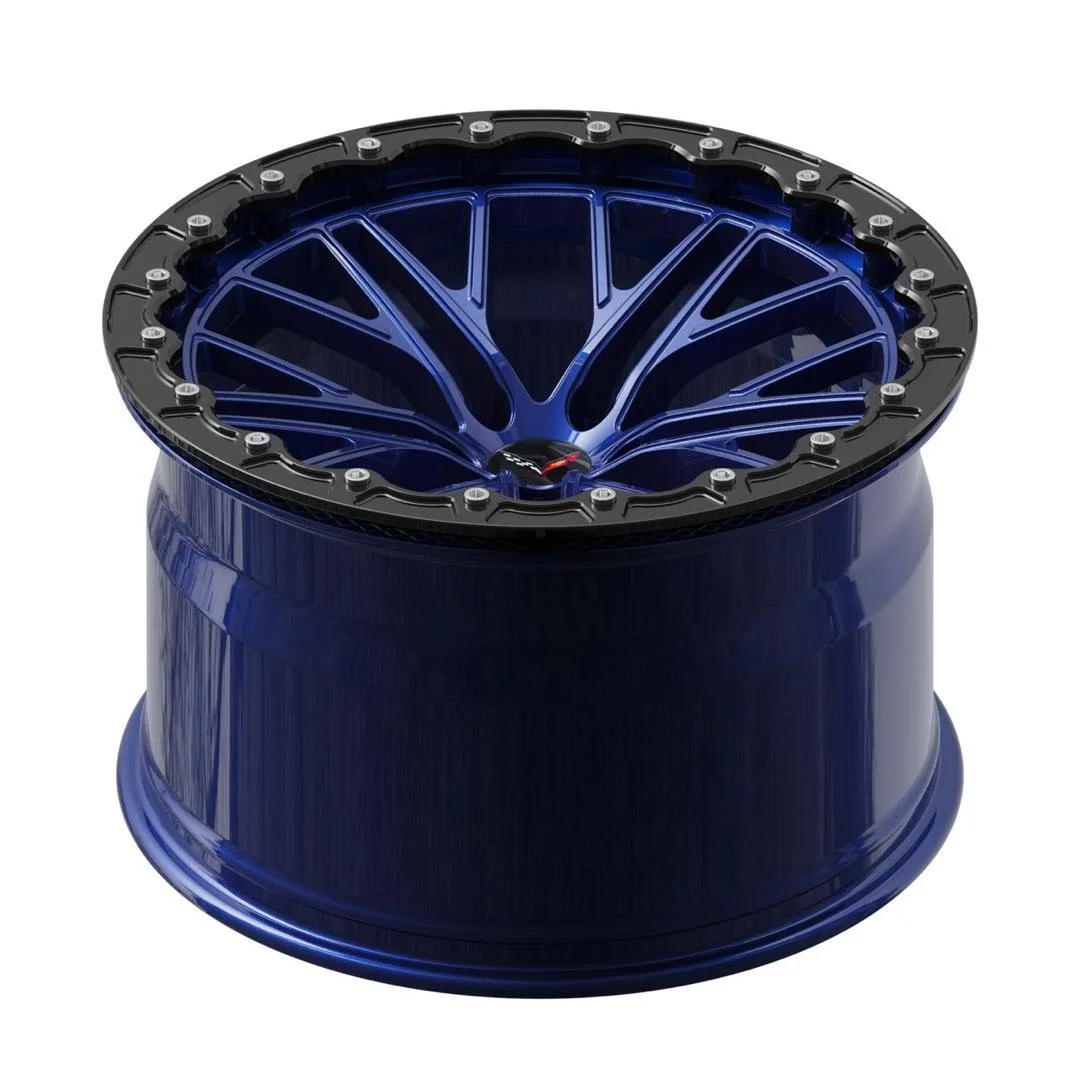 A futuristic blue and black hover wheel with a unique design and bolt accents.