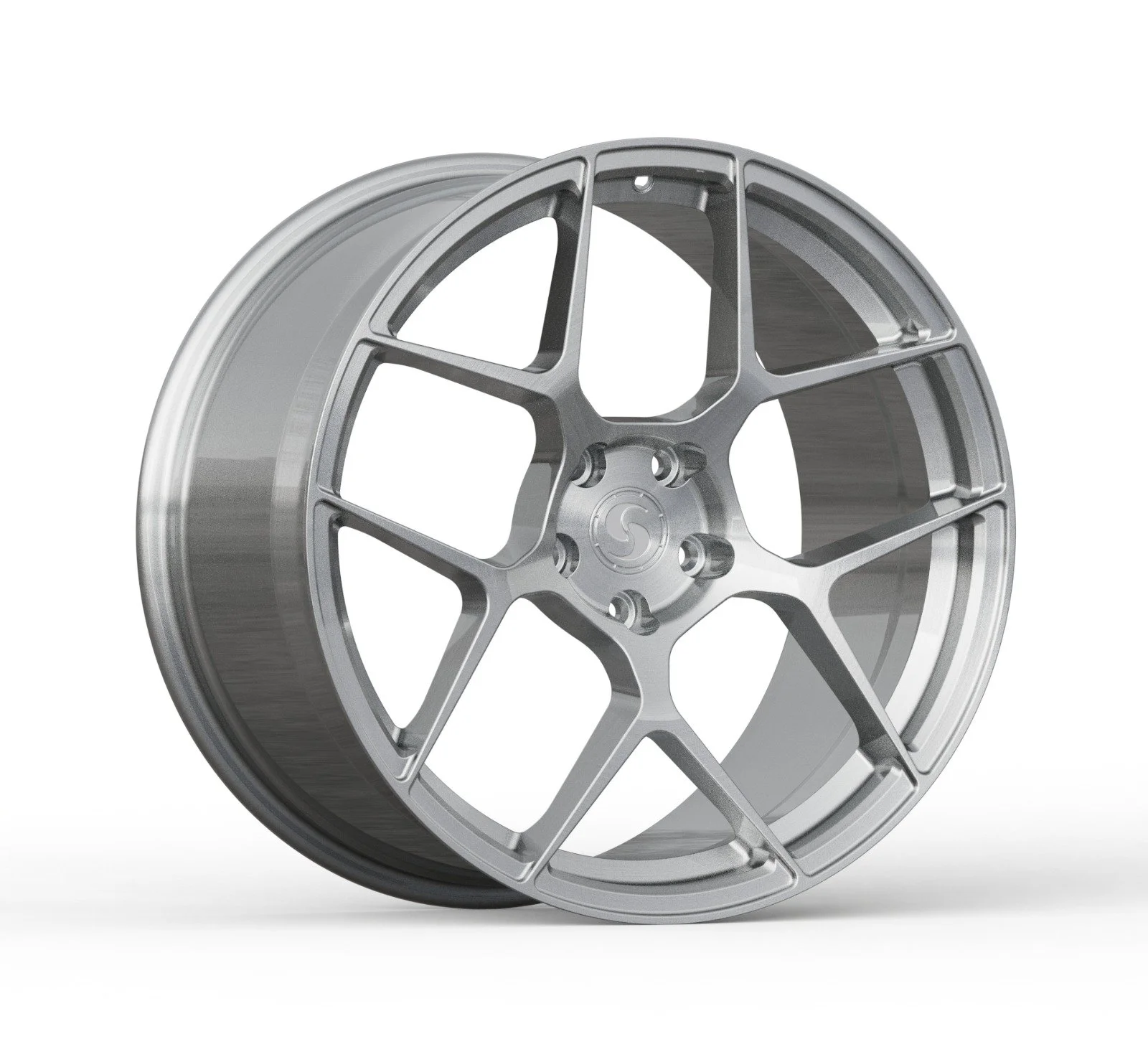 A silver, five-spoke alloy wheel rim for a car or motorcycle.