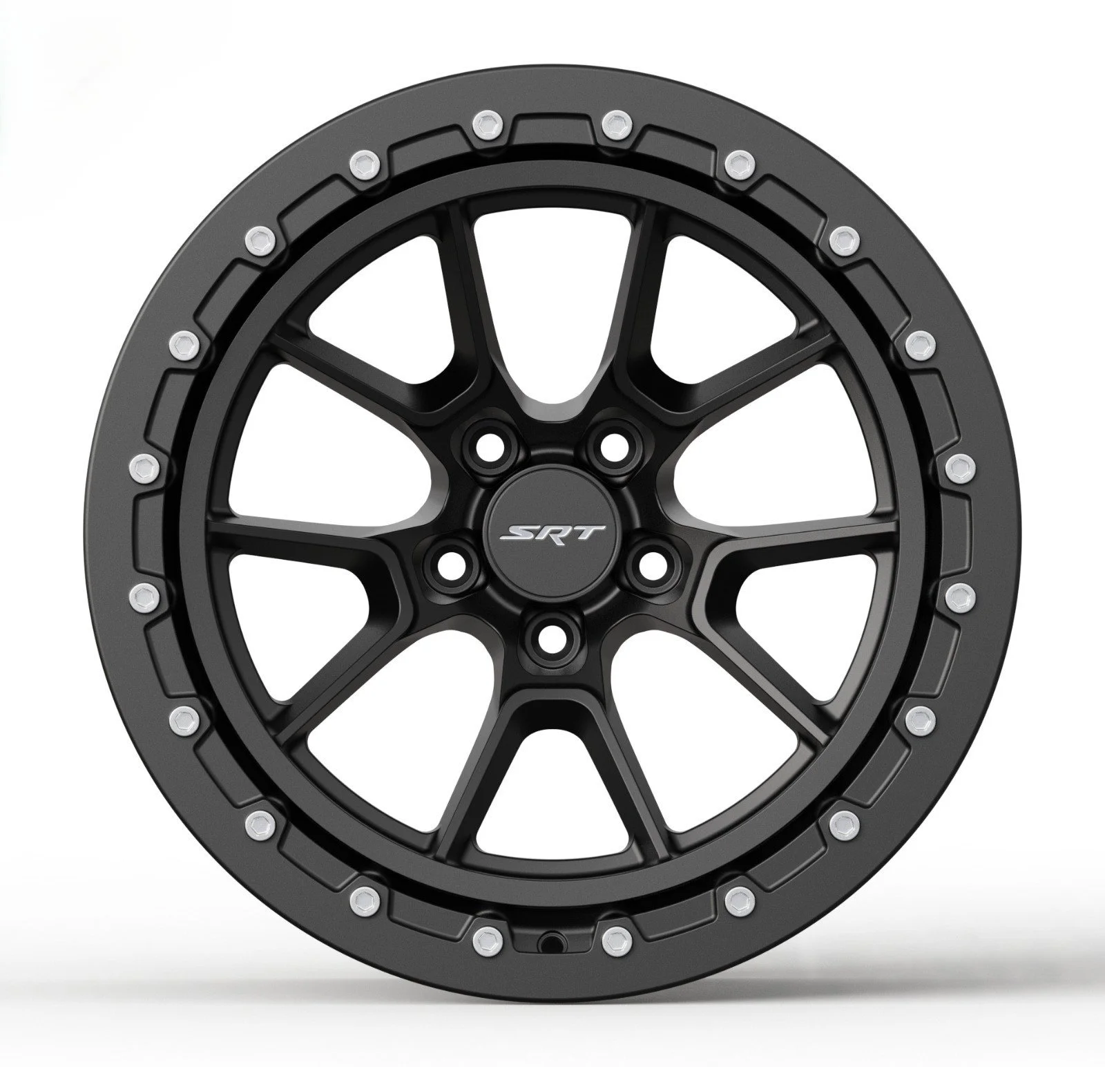 A black, multi-spoke car wheel rim with a center cap labeled "SRT" and bolted outer edge.