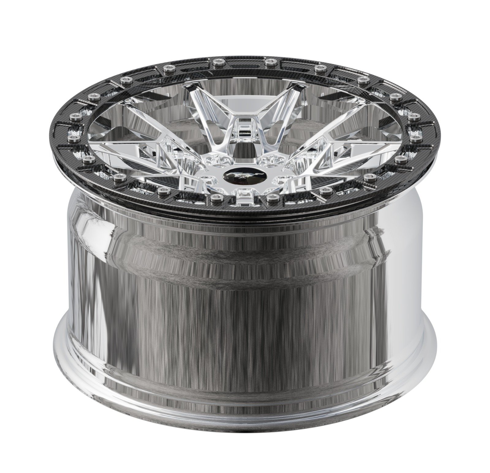 Close-up image of a shiny, decorative car wheel rim with a detailed design.