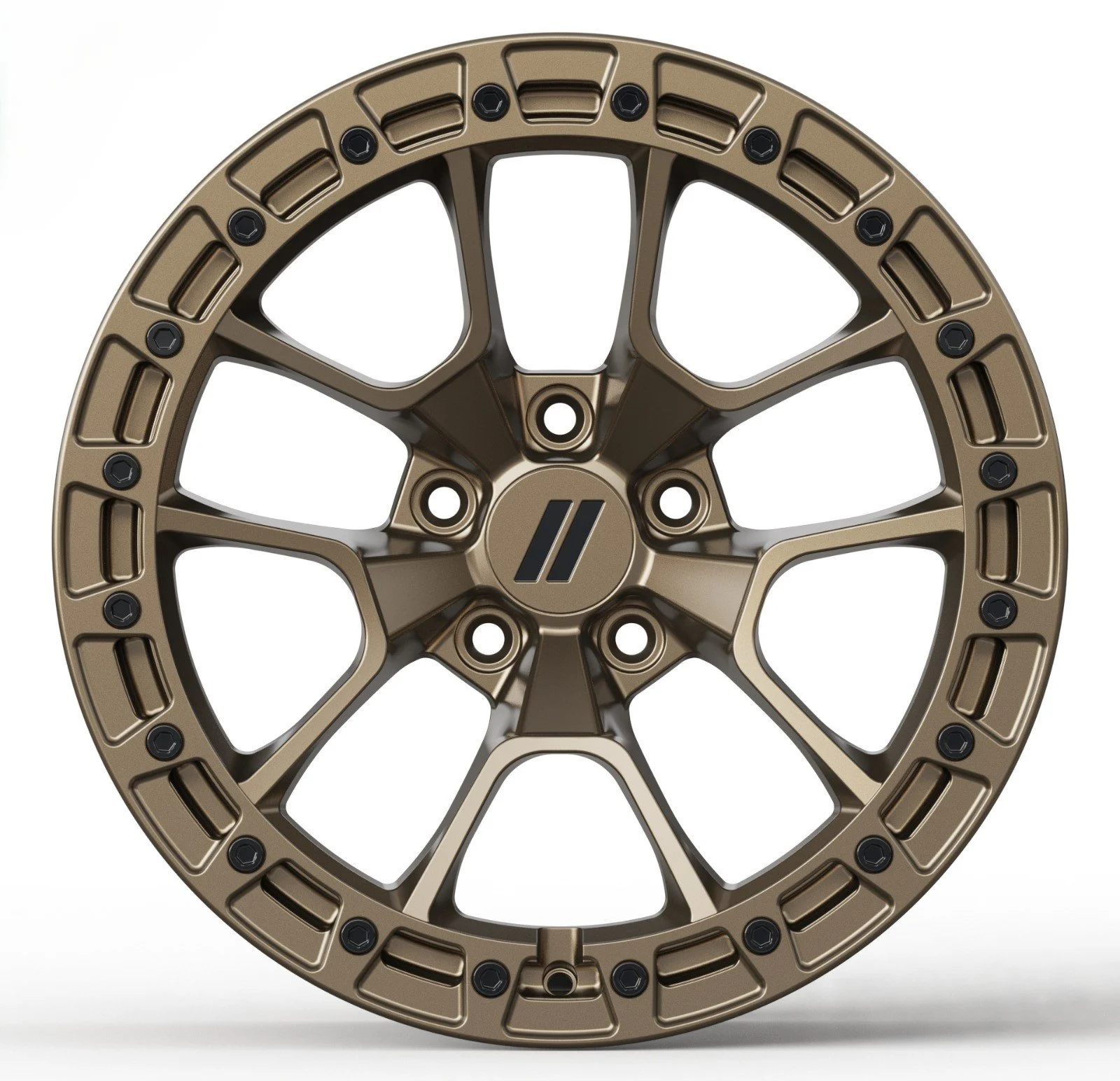 A metallic bronze-colored wheel rim with multiple cutouts and mounting holes, featuring a central hub with a logo.