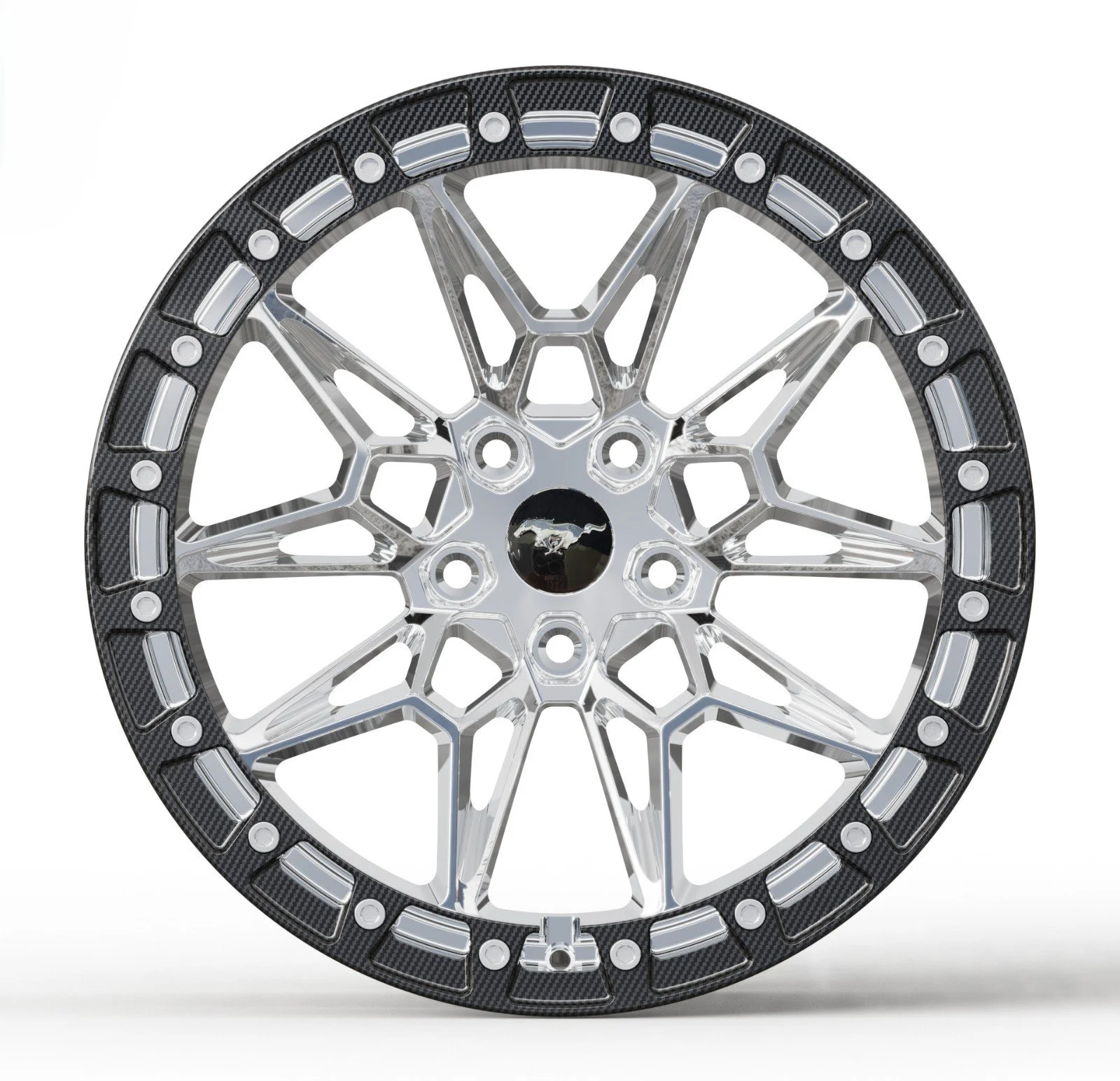 Close-up of a stylish car wheel with a multi-spoke design and carbon fiber accents.