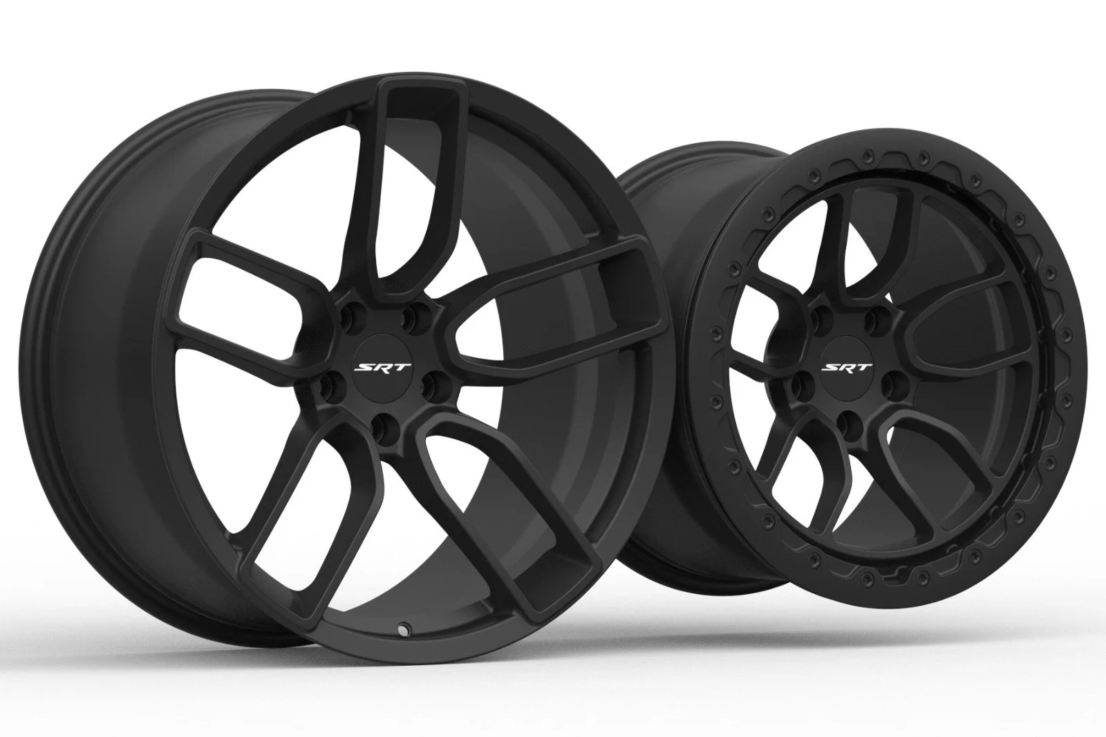 Two black aftermarket car wheels with the SRT logo in the center, one with a star-shaped spoke pattern and the other with a more intricate design, against a plain white background.