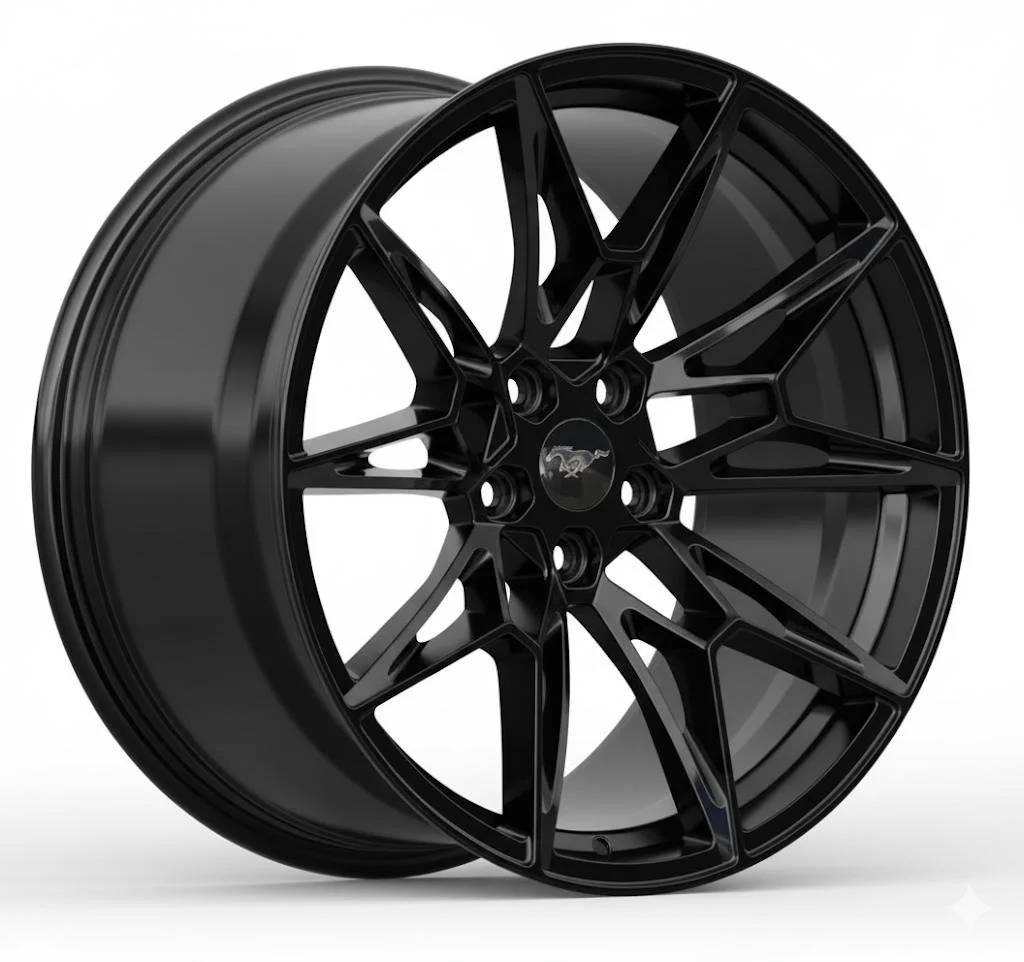 A black alloy wheel with a Mustang logo in the center.