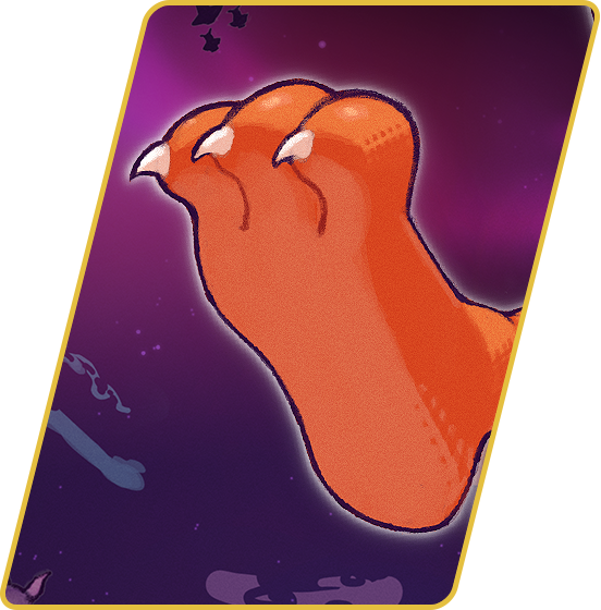 A cartoon orange space creature with claws, floating in a cosmic background with a yellow border.