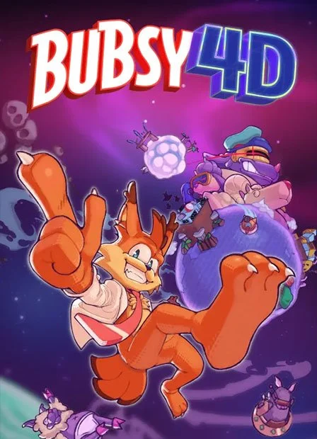 Animated game cover titled "BUBSY 4D" featuring a cartoon fox giving a thumbs-up, with colorful, whimsical background elements.