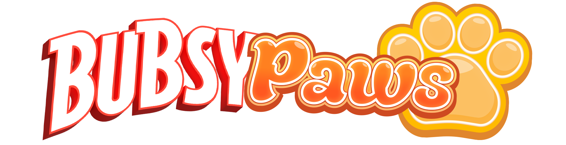 Logo for Bubsy Paws featuring bold red and orange text and a yellow paw print.
