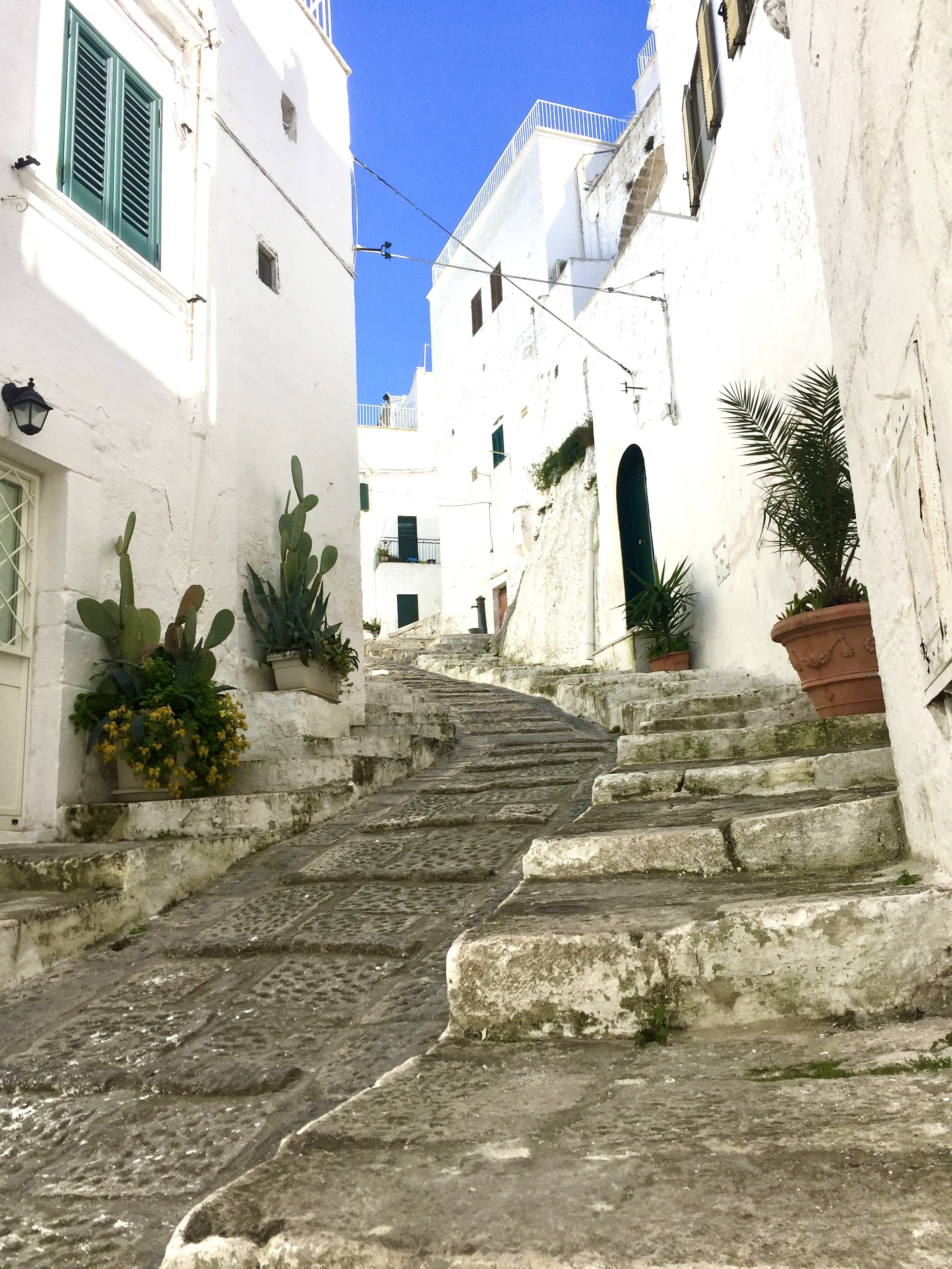 Narrow cobblestone street in a white-washed Southern Italian town with potted plants, blue sky, and tiered buildings.