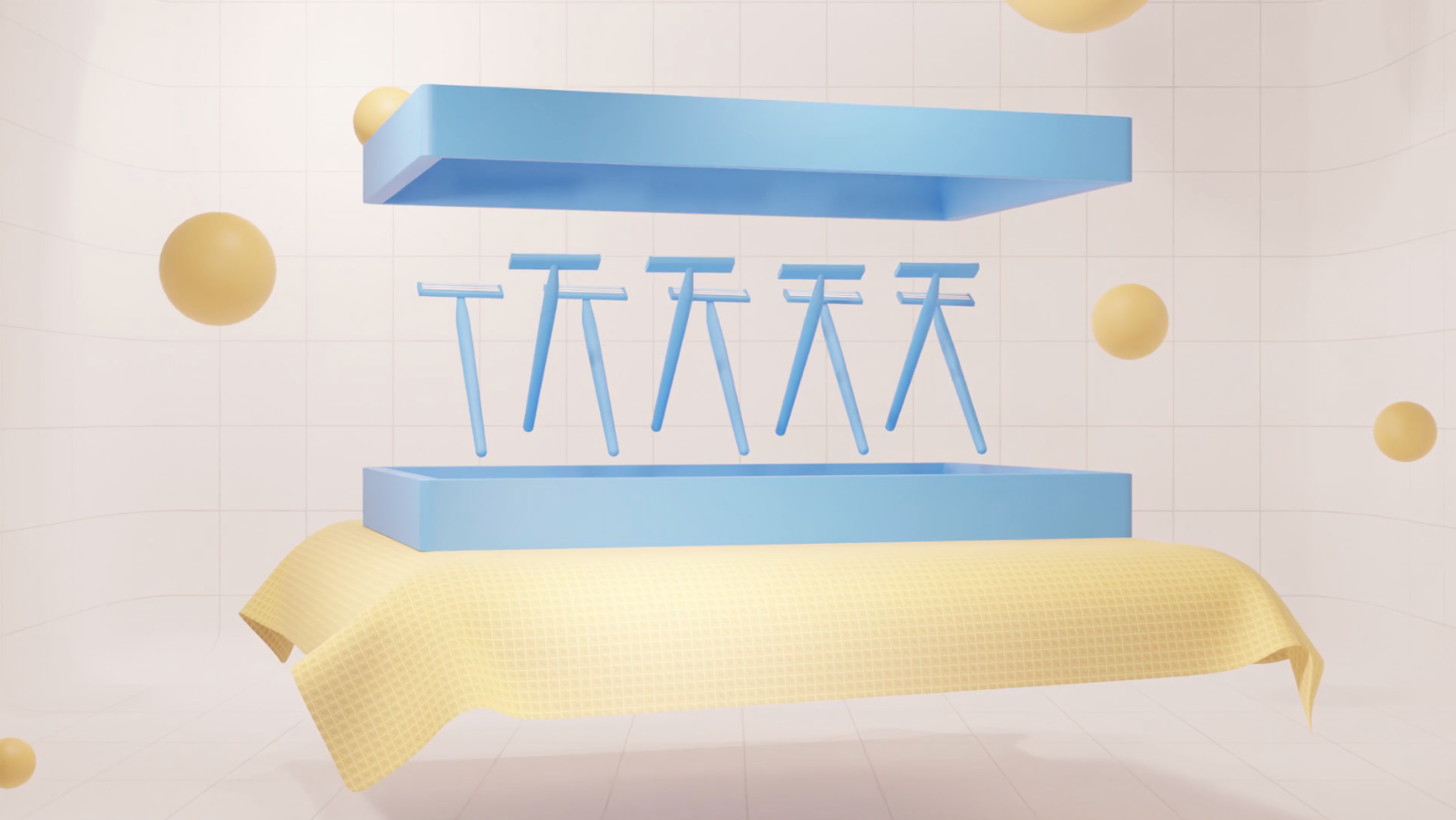 A light blue shelf with beige T-shaped objects and a yellow platform with a yellow cloth, surrounded by yellow spheres in a minimalistic, pastel-colored 3D scene.