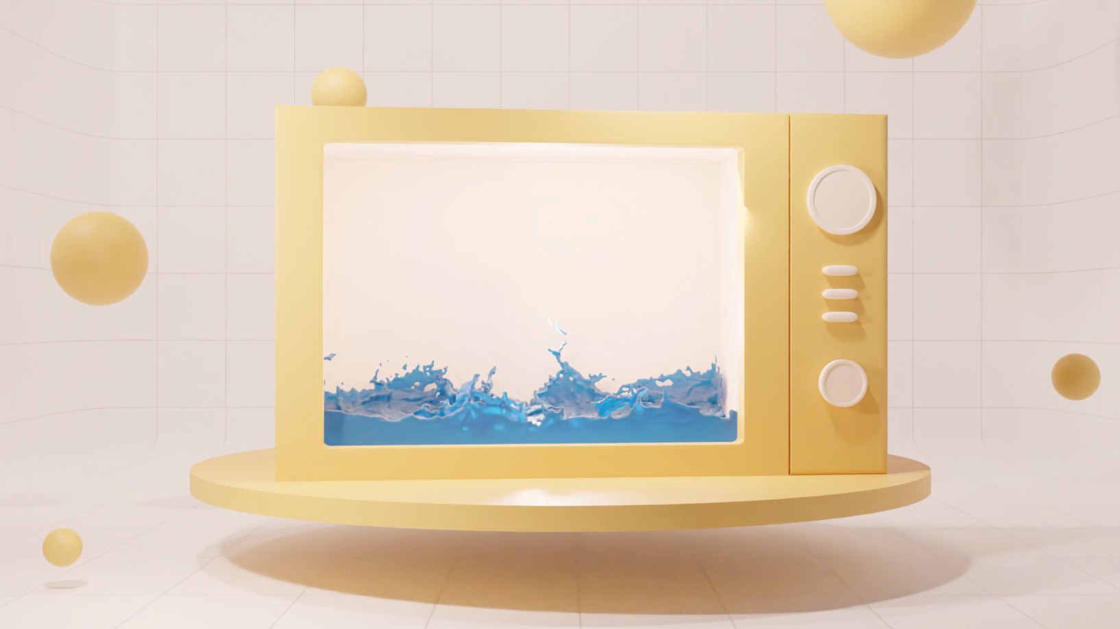 A yellow retro-style television with a round base and three white buttons on the side, displaying a blue splash of water on the screen, in a white room with floating yellow and beige spheres.