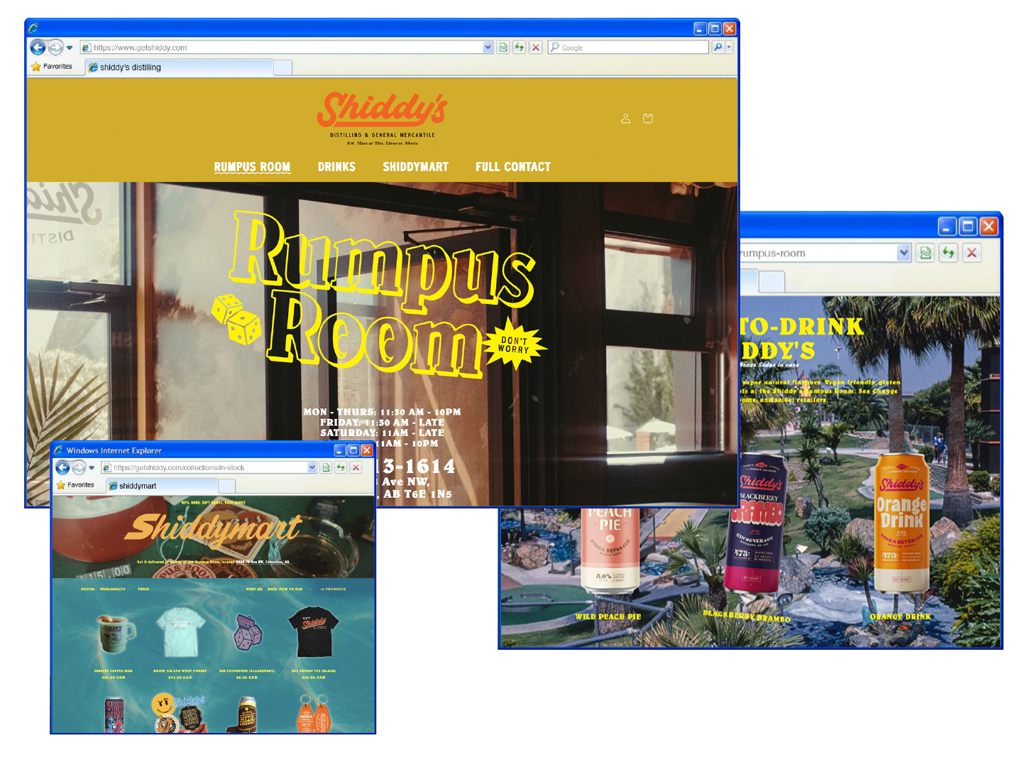 Multiple overlapping web browser windows displaying Shiddy's branding and menu items, including a website for Shiddy's distilling and mercantile, another for Shiddymart merchandise, and promotional images of drinks and products outside near palm trees.