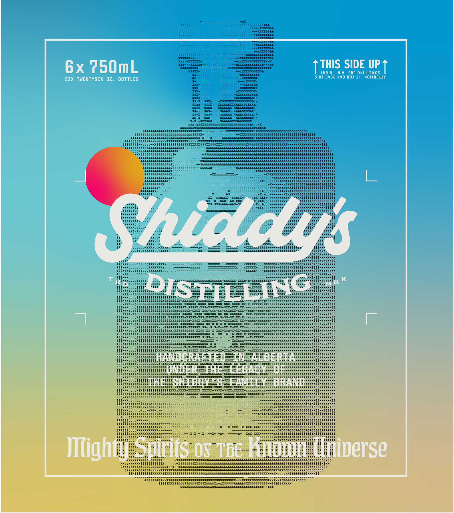 Digital illustration of a soda can with a sunset background, featuring stylized text for 'Shidrs Distributing,' and a slogan 'Might Shirts Are the Knock of the Universe'.