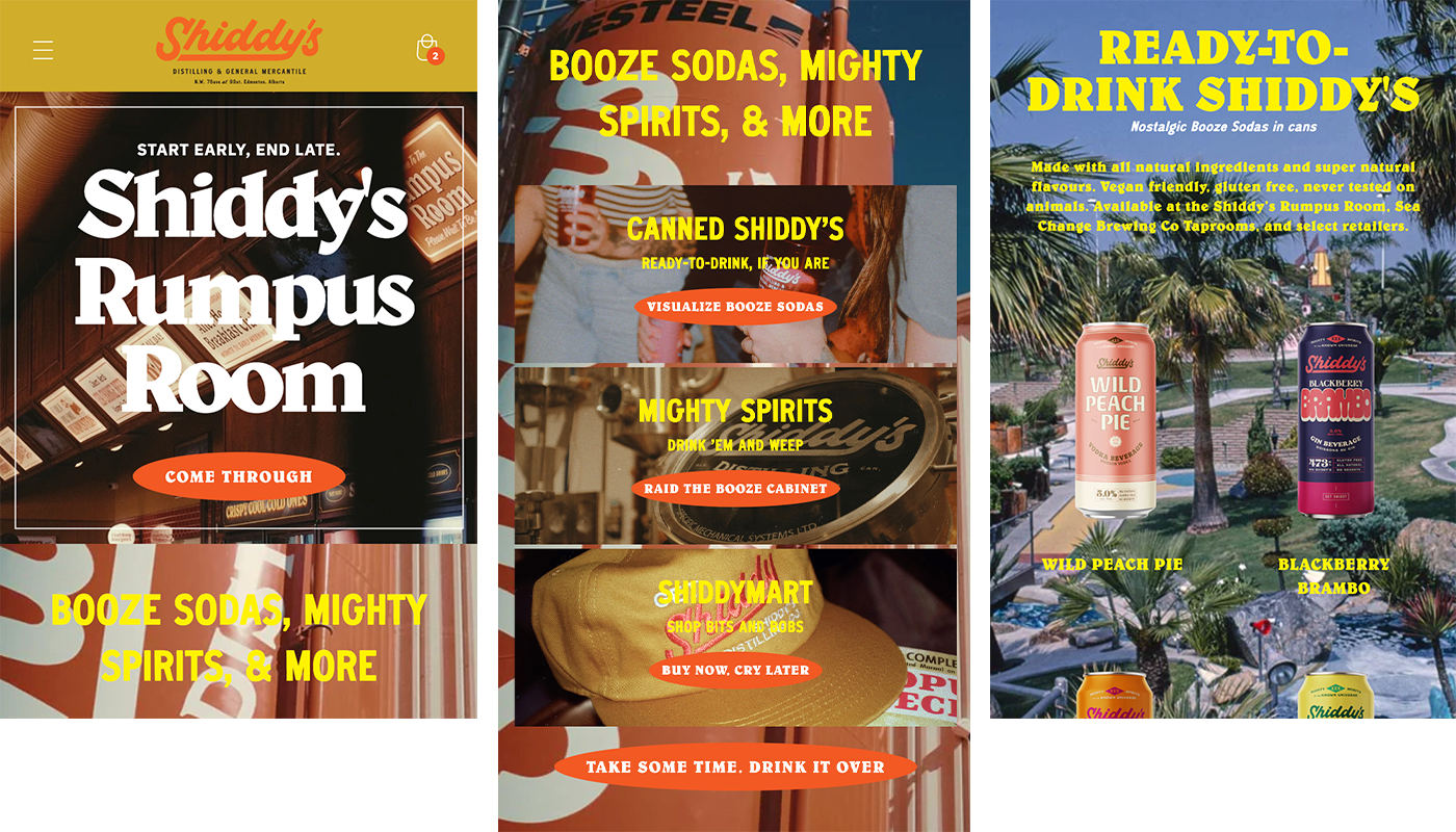 Promotional collage for Shuddy's Rumpus Room, a venue specializing in booze sodas and spirits; includes posters and images of canned booze drinks, a poolside scene with two soda cans labeled Wild Peach Pie and Blackberry Brambo, and various text promoting natural ingredients, vegan options, and the fun atmosphere of the location.