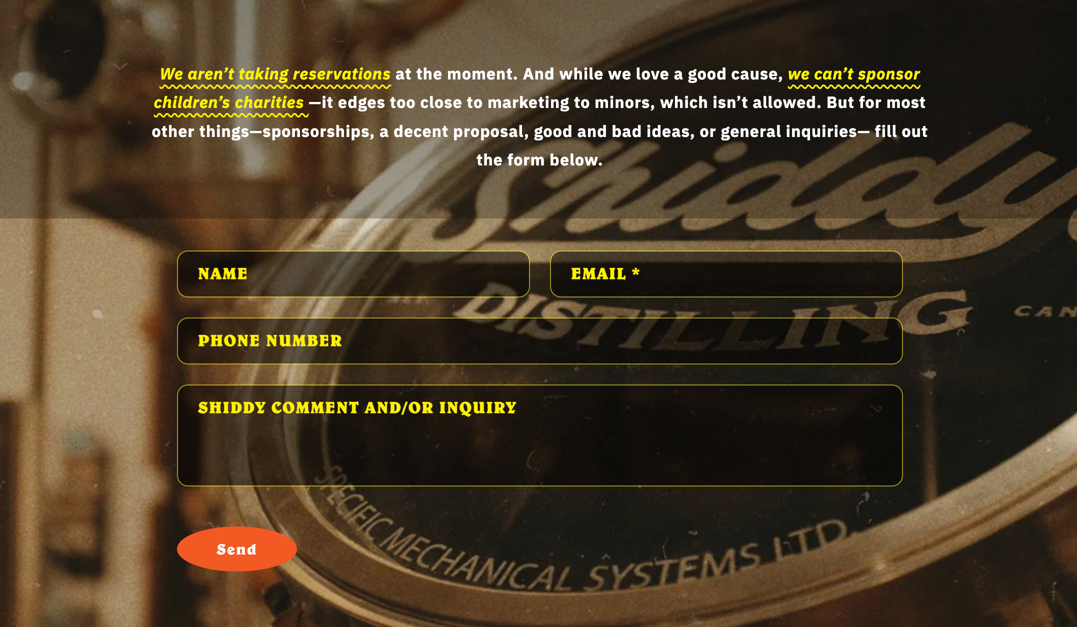 A contact form overlay on a close-up background of a mechanical gauge or meter. The form has fields for name, email, phone number, and comments or inquiries, with a red Send button.