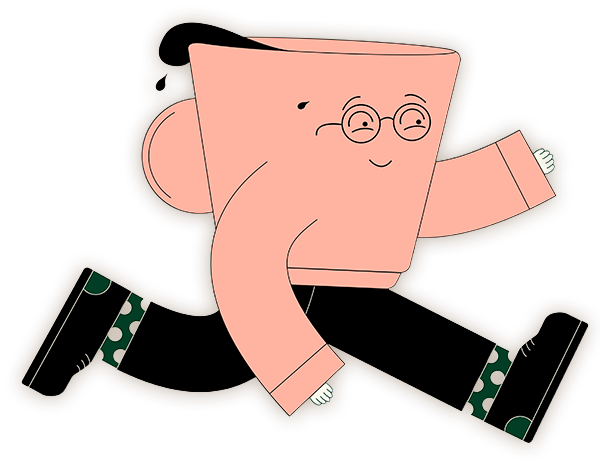 Cartoon illustration of a person with a head shaped like a coffee mug, wearing glasses, a pink jacket, black pants, and green patterned socks, walking on a brown surface.