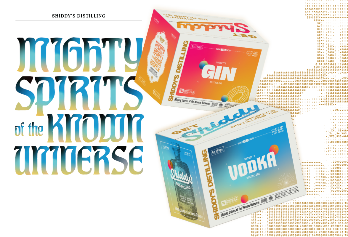 Graphics featuring two boxes of alcoholic spirits, one labeled gin and the other vodka, with stylized text reading "Mighty Spirits of the Known Universe."