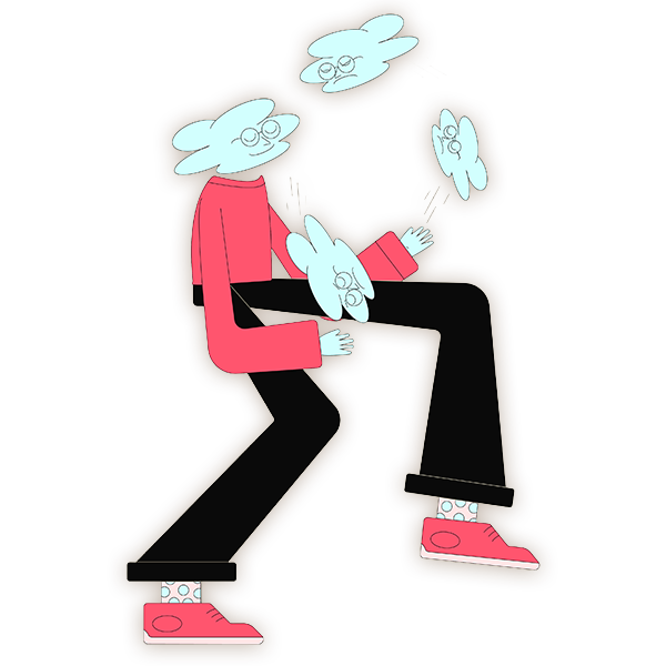 A person with blue fluffy hair and glasses is sitting with legs apart, holding and interacting with multiple smaller blue cloud-like figures, wearing a pink and black outfit with pink shoes.