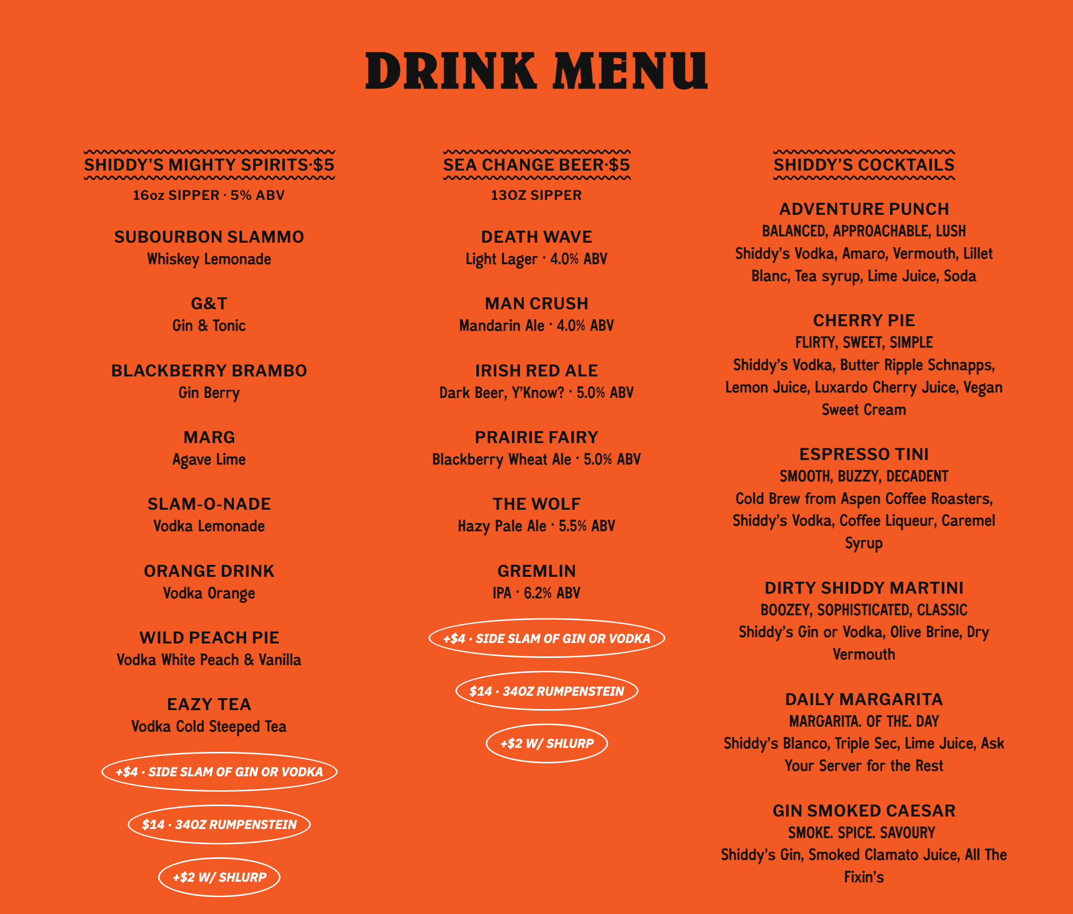 A drink menu with various cocktail options, descriptions, and prices on an orange background.
