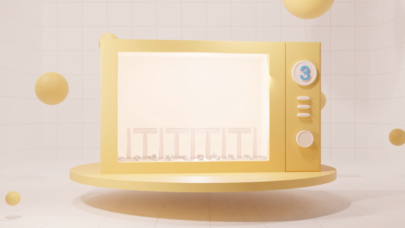 A vintage-style, yellow television with numbers and buttons, surrounded by floating yellow spheres in a digital grid background.