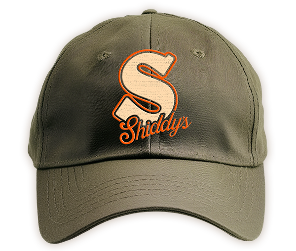 Gray baseball cap with embroidered large letter S and the word Shiddy's underneath.