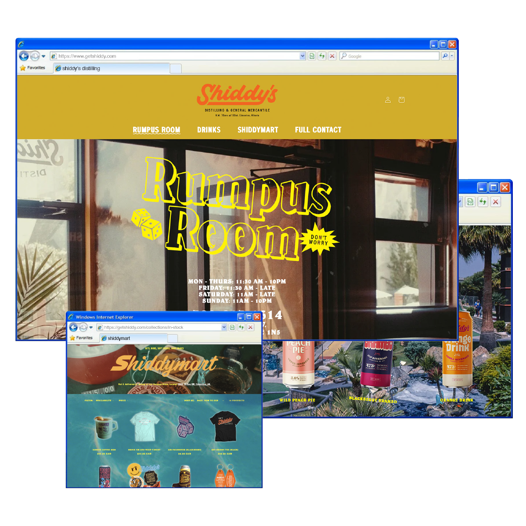 Two overlapping browser windows displaying the websites of Shiddy's Distilling and Shiddymart, a distillery and merchandise store, with signs and products visible on their pages.