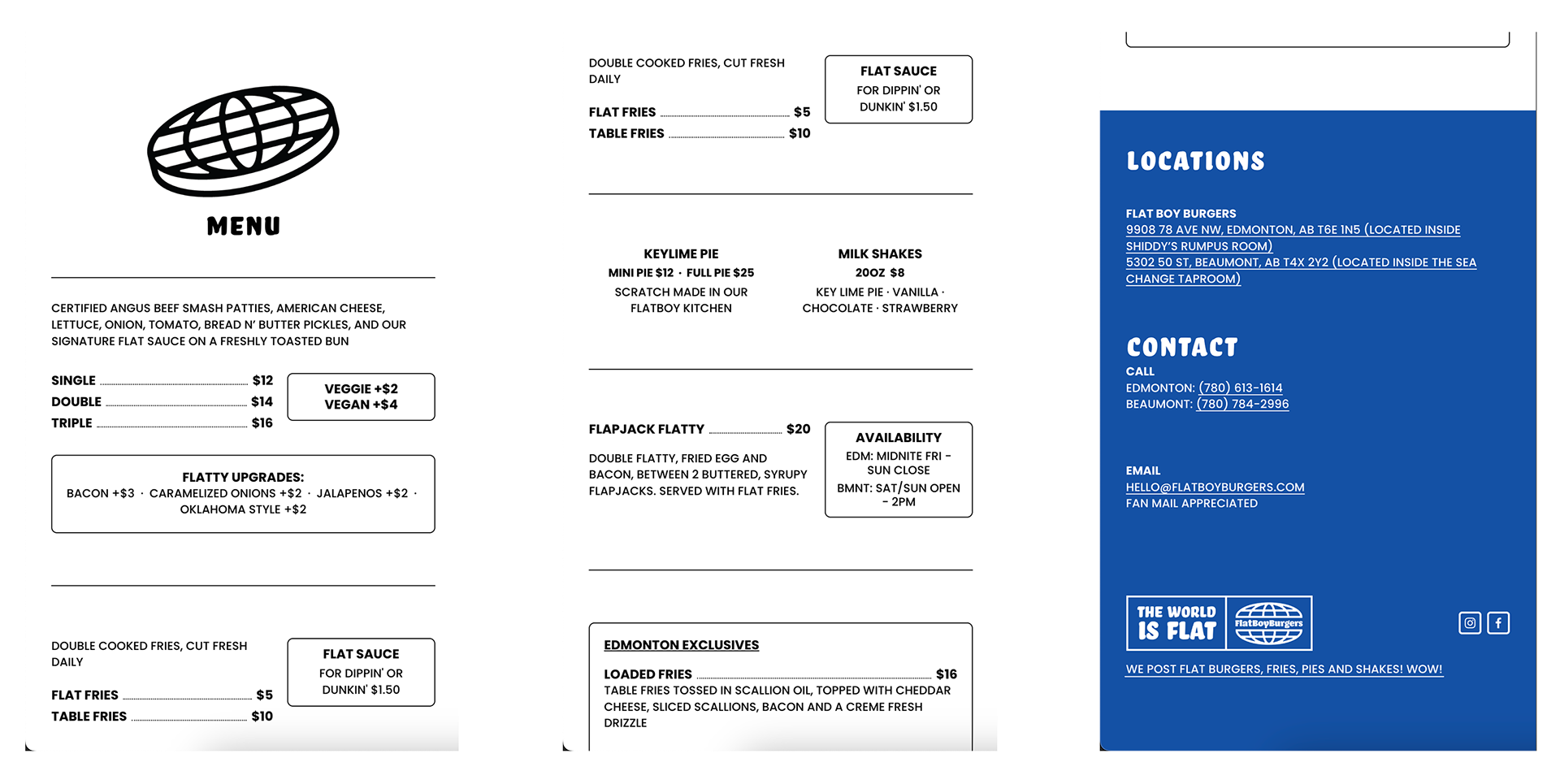 A menu from FlatBoy Burgers featuring options for various fries, pies, milkshakes, and burgers, along with locations in Edmonton and Beaumont, Alberta, and contact information.