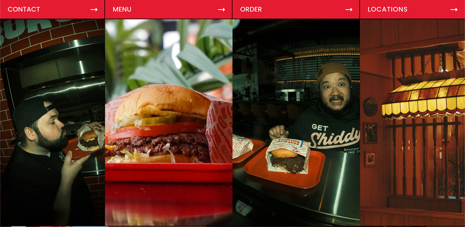 A collage of four images: 1) a man with a beard and cap holding a burger at a restaurant, 2) close-up of a burger with lettuce, tomato, pickles, and beef patty on a red tray, 3) a man with a beard sitting at a table with a burger, smiling, and 4) an ornate hanging lamp fixture with a warm glow in a restaurant interior.