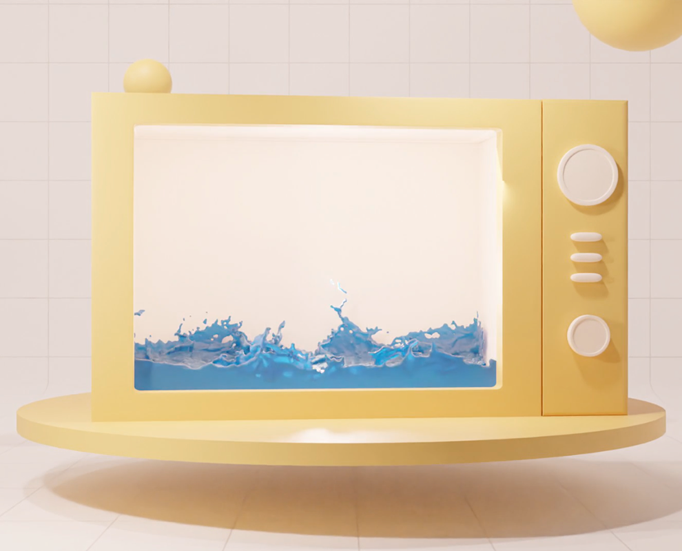 A yellow vintage television set displaying animated water splashes on screen, placed on a yellow platform in a minimalist room with tiled walls.