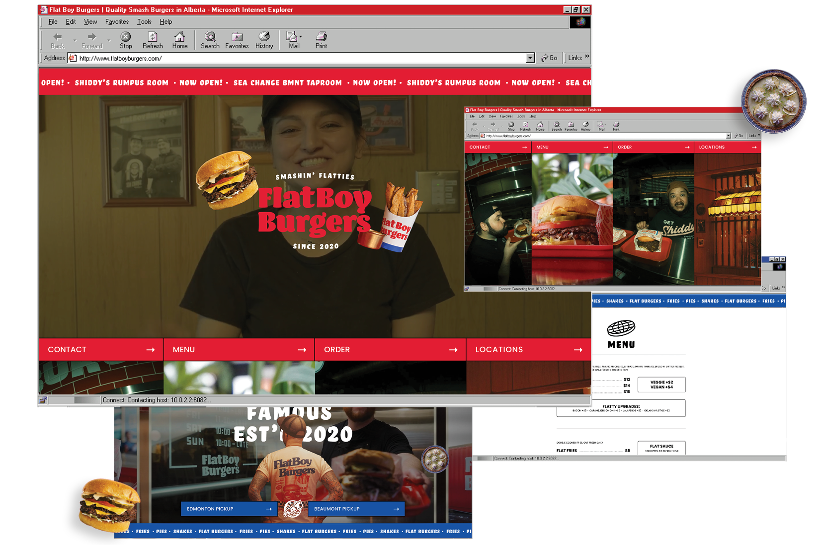 Collection of overlapping website screens of a burger restaurant called Flat Boy Burgers, featuring images of burgers, a person in a black shirt with flat boy shirts, and menus.