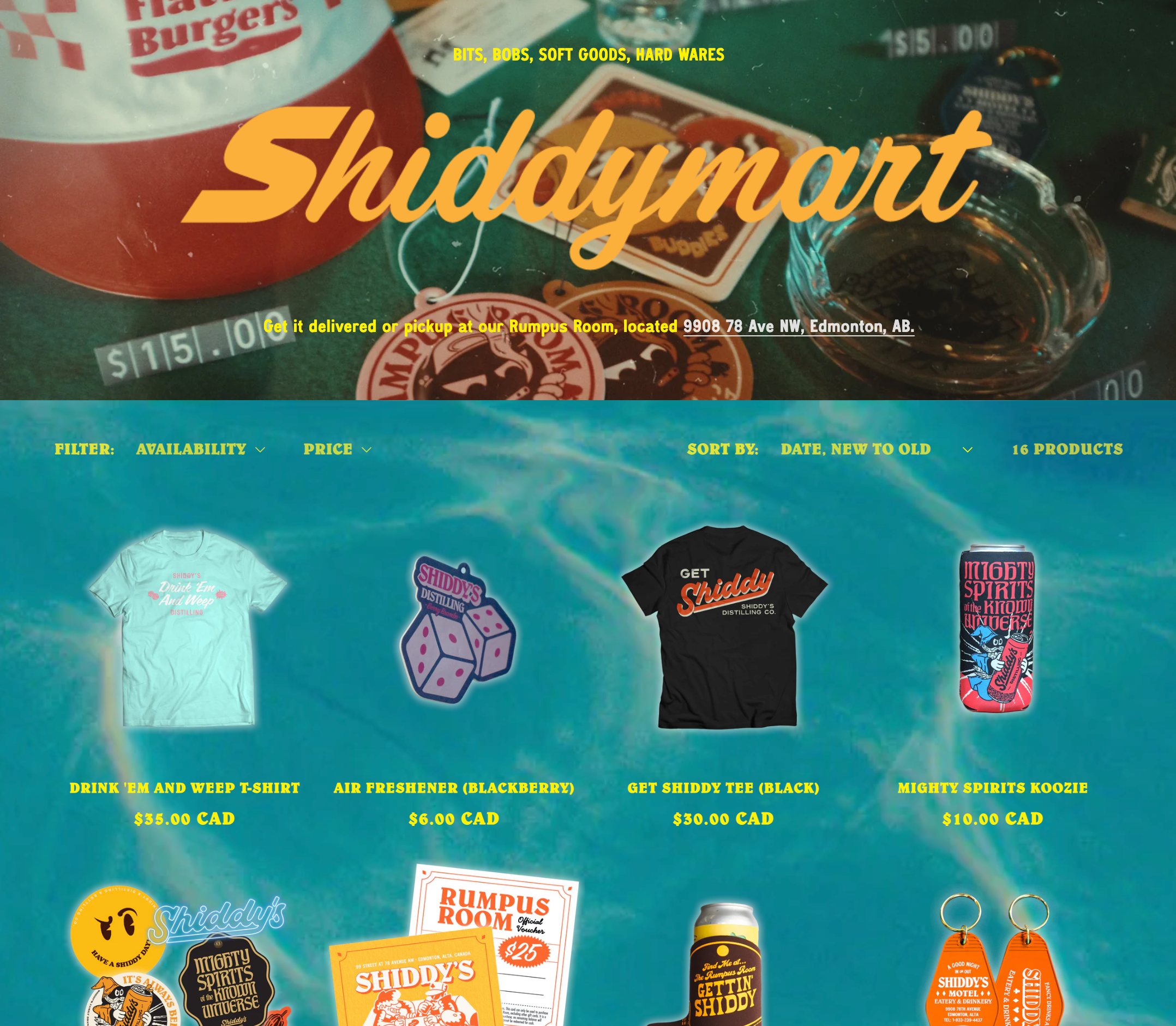Online store homepage for ShiddyMart, featuring merchandise such as T-shirts, air freshener, and beverages, with a background of a tabletop with a coffee pot and stickers, and text highlighting delivery options and product filters.
