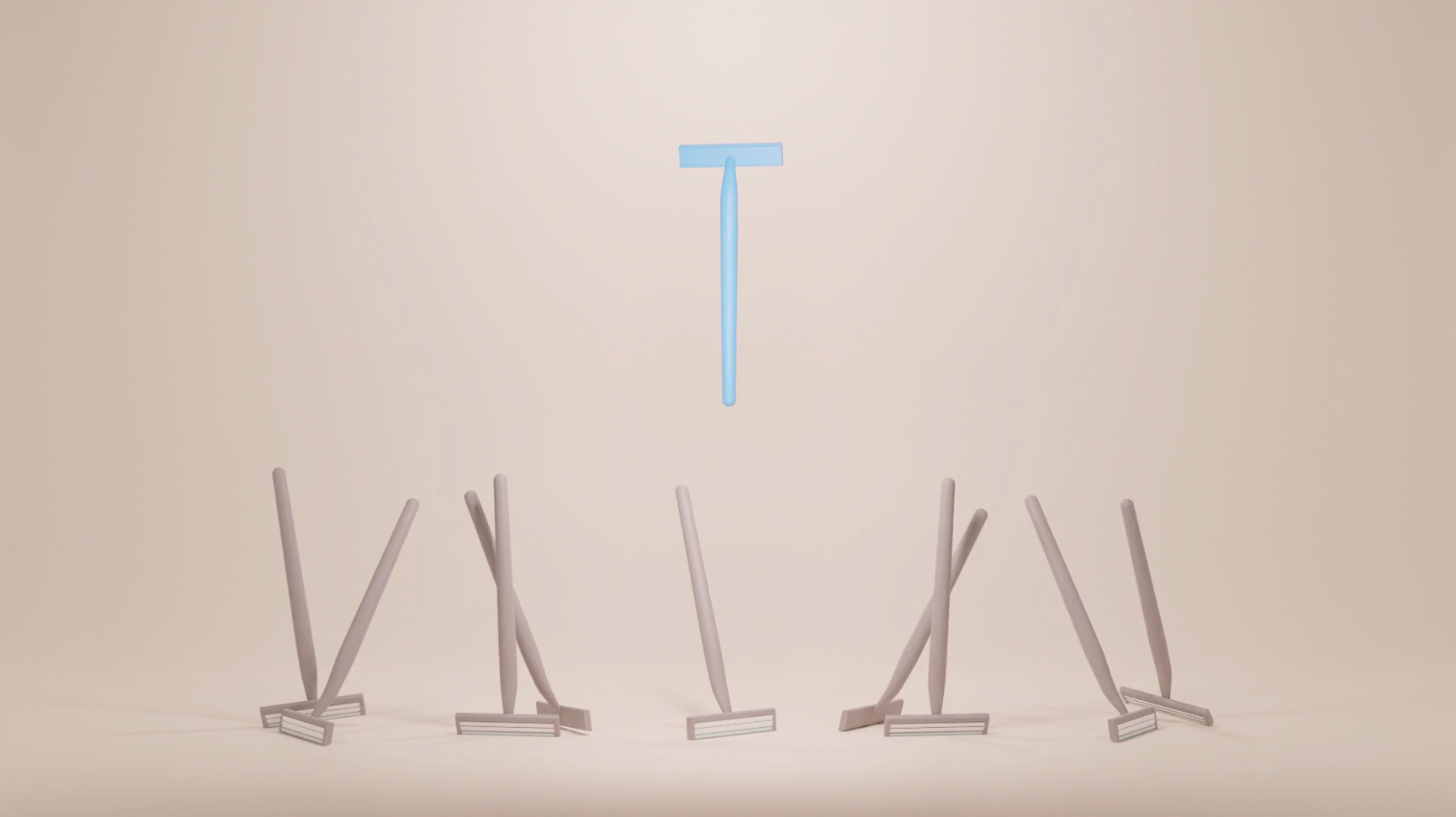 Six plastic razors arranged in a circle on a plain background, with one razor standing upright in the center.