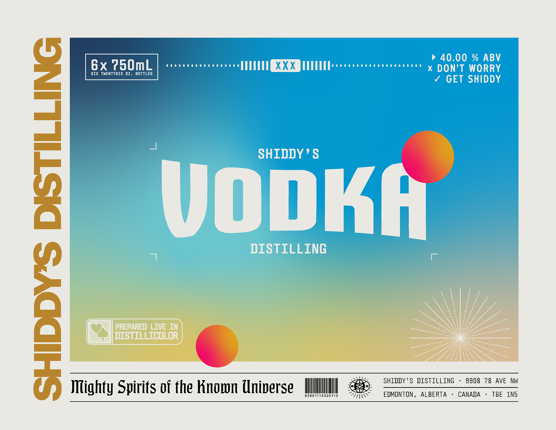 A colorful label for Shiddy's vodka, featuring a blue and green gradient background, orange and pink circles, and various text elements indicating the product is 40% ABV, with six 750ml bottles, and prepared live in distillicolor.